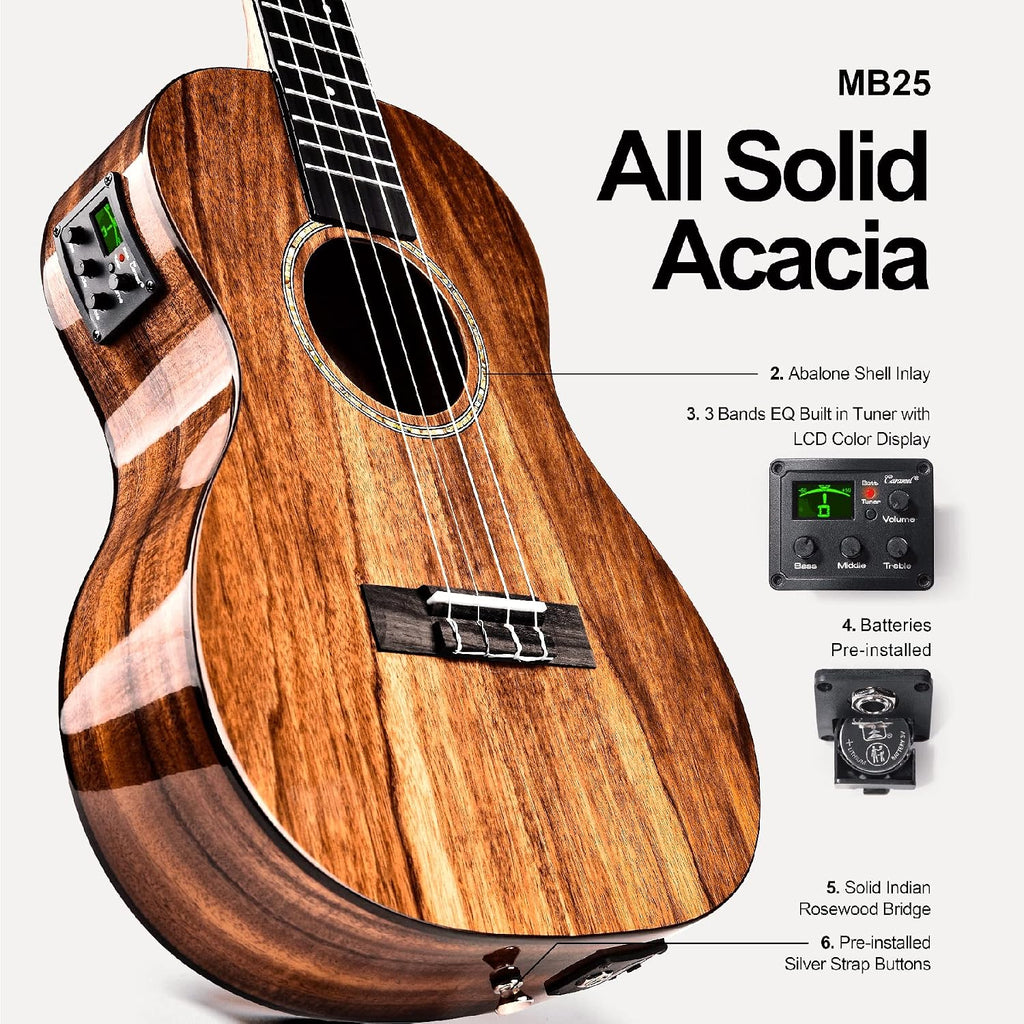 Caramel All Solid Acacia Glossy Baritone Acoustic & Electric Ukulele