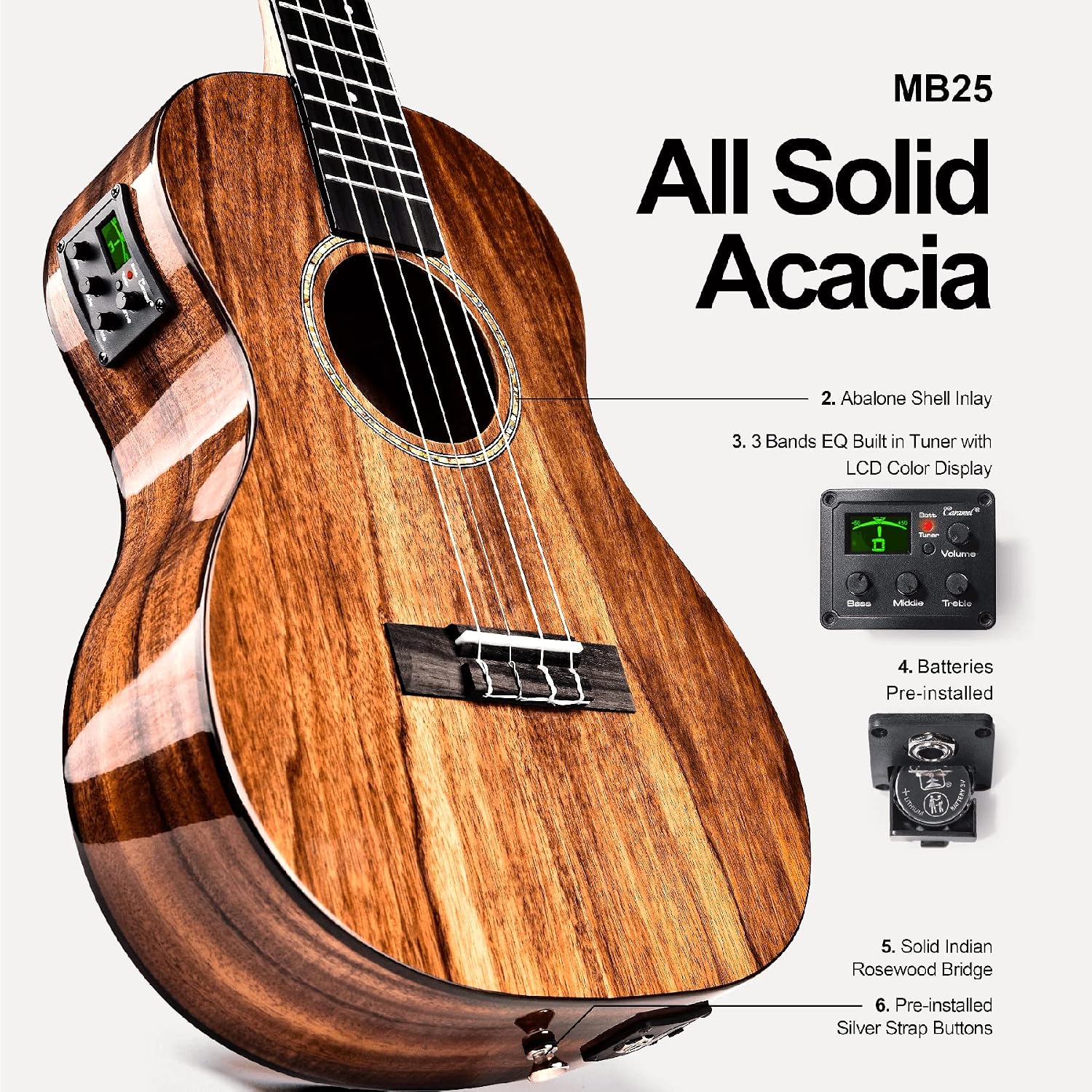 Caramel All Solid Acacia Glossy Baritone Acoustic & Electric Ukulele