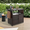 Outdoor Wicker Bar Cart with Wheels, Outdoor Rolling Kitchen Island Grill Cart with Storage Cabinet, Outside Portable Bar Table for Events, Patio, Porch, Backyard, Garden, Poolside, Black+Brown