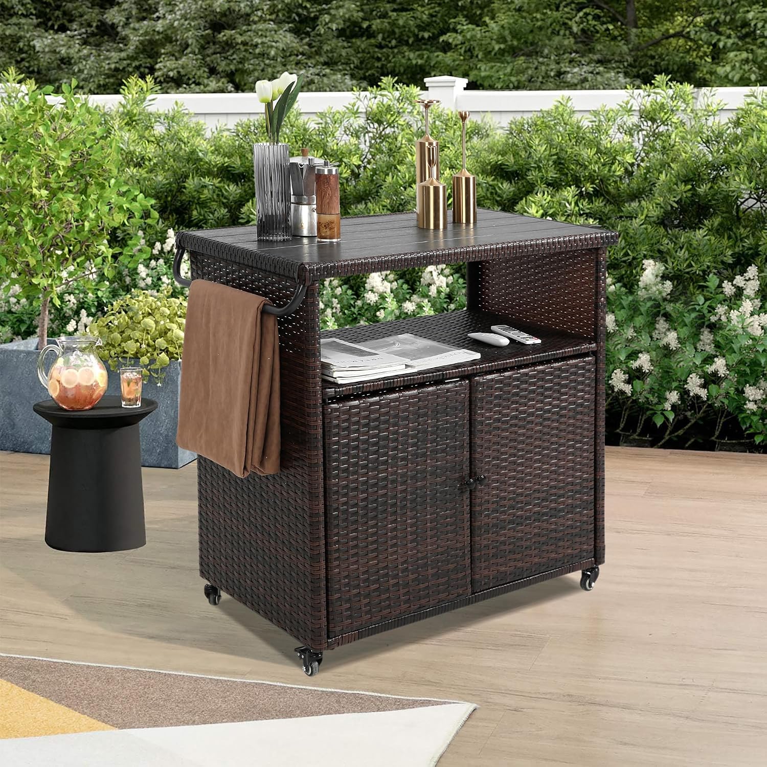 Outdoor Wicker Bar Cart with Wheels, Outdoor Rolling Kitchen Island Grill Cart with Storage Cabinet, Outside Portable Bar Table for Events, Patio, Porch, Backyard, Garden, Poolside, Black+Brown