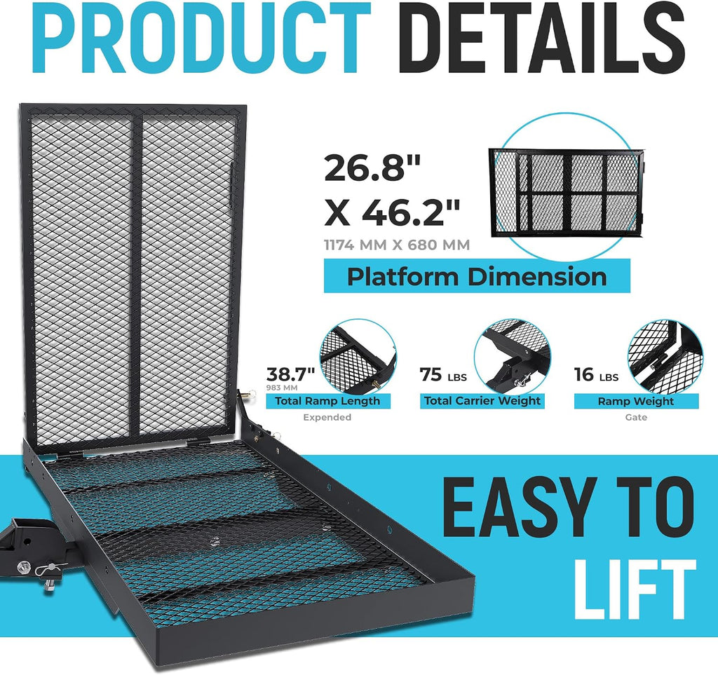 ECOTRIC 46.2 X 26.8 X 38.7 Inch Hitch Cargo Carrier W/Ramp Foldable 500 Lbs Trailer Hitch Mount Steel Wheelchair Carrier Mobility Scooter Ramp 2' Hitch Receiver for Snow Blower SUV Truck Van Car