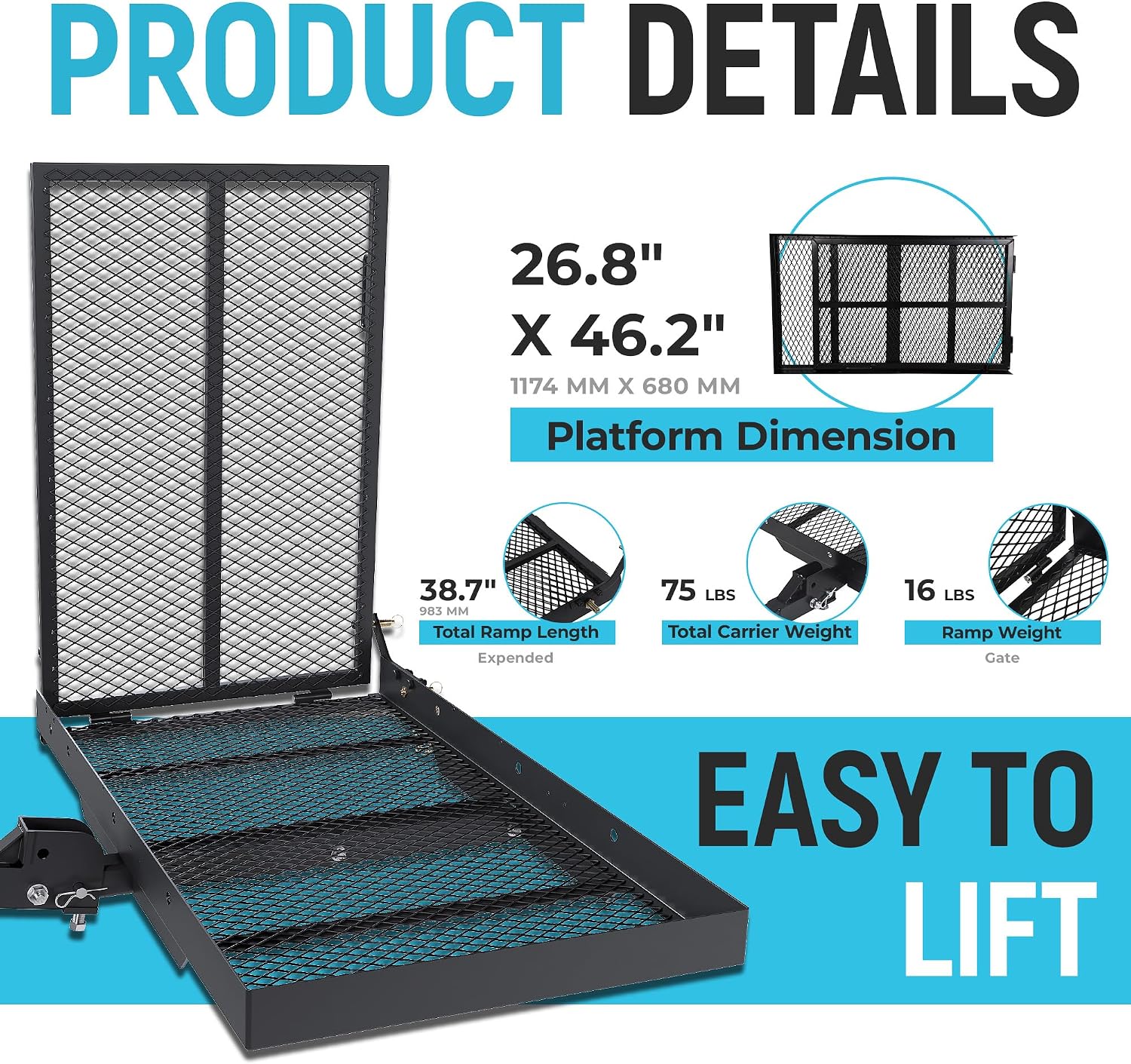 ECOTRIC 46.2 X 26.8 X 38.7 Inch Hitch Cargo Carrier W/Ramp Foldable 500 Lbs Trailer Hitch Mount Steel Wheelchair Carrier Mobility Scooter Ramp 2' Hitch Receiver for Snow Blower SUV Truck Van Car