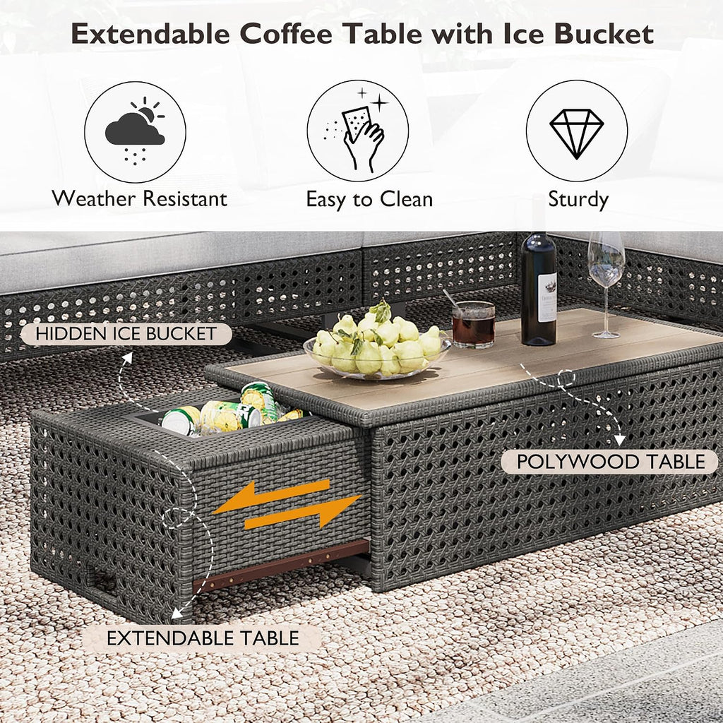 Boho Patio Furniture Set with Small Outdoor Table, Patio Bar Set w/ Sillas para Balcon, Sillas para Patio Exterior, Adjustable Backrest, Ice Bucket Table, All-Weather Wicker (Grey+Brown+Yellow)