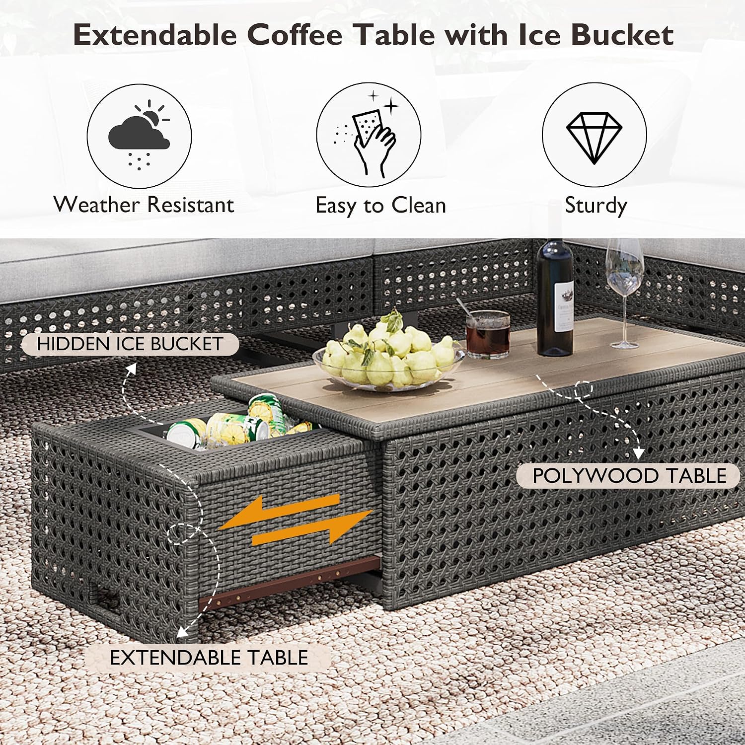 Boho Patio Furniture Set with Small Outdoor Table, Patio Bar Set w/ Sillas para Balcon, Sillas para Patio Exterior, Adjustable Backrest, Ice Bucket Table, All-Weather Wicker (Grey+Brown+Yellow)