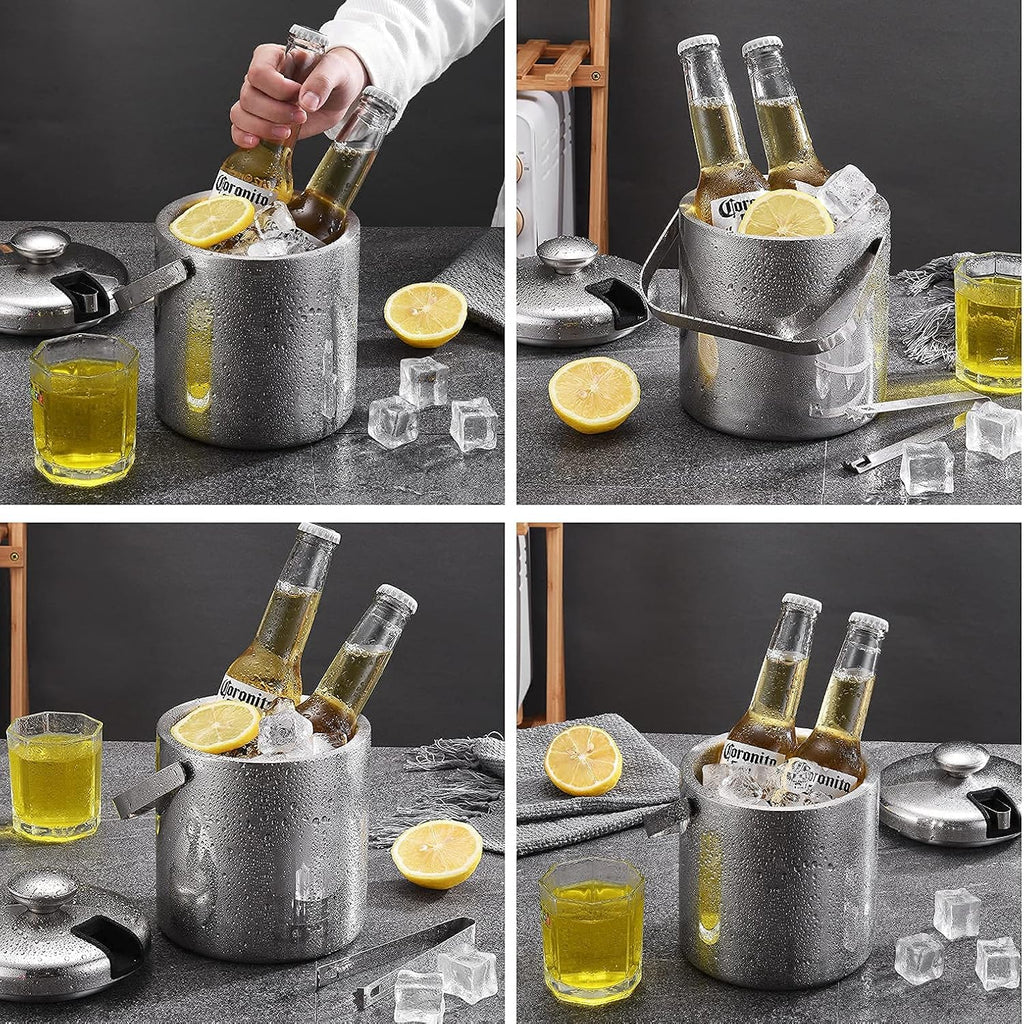 Ice and Wine Bucket,Ice Bucket,Hidden Double Wall Bar Ice Bucket Set 1.3L Stainless Steel Ice Bucket Including Lid,Tongs and Strainer,Drinks Cooler Buckets Great for Home Bar,Party,Chilling Beer,Cha