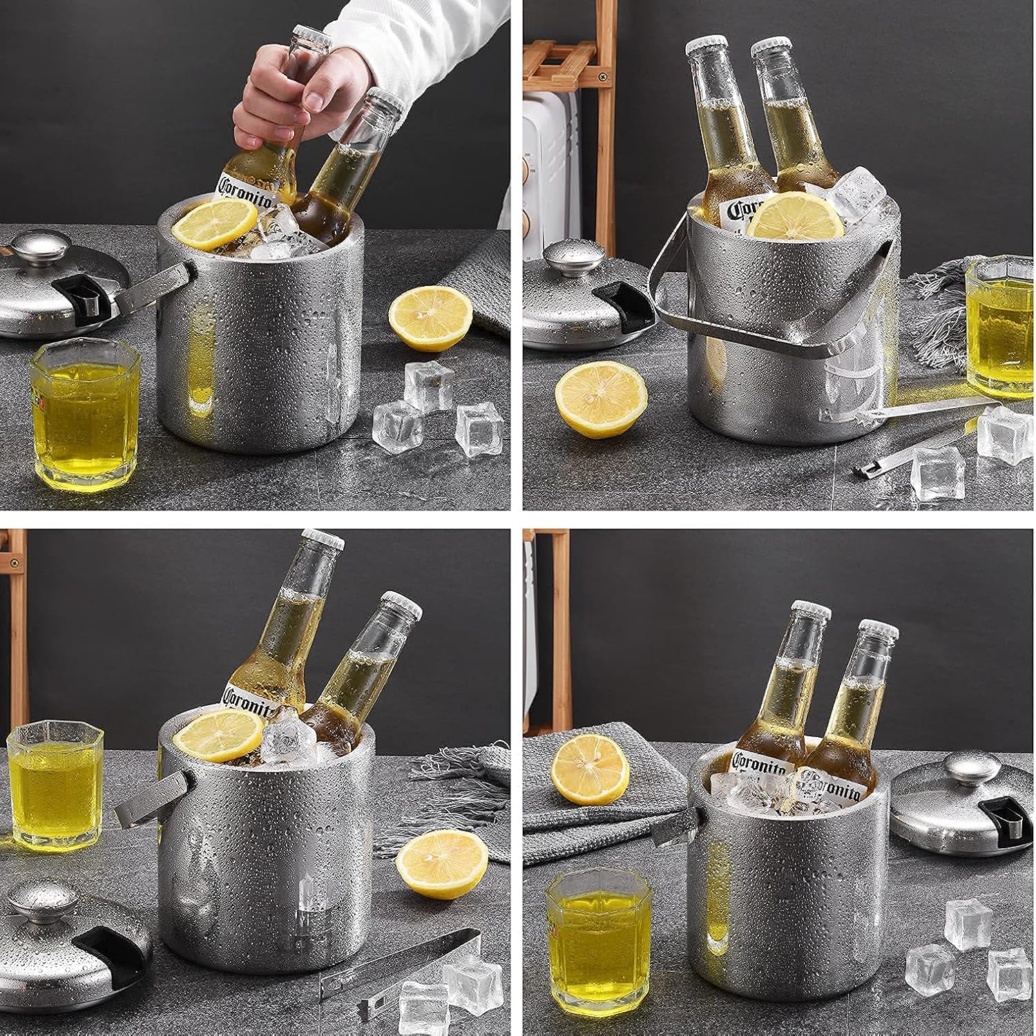 Ice and Wine Bucket,Ice Bucket,Hidden Double Wall Bar Ice Bucket Set 1.3L Stainless Steel Ice Bucket Including Lid,Tongs and Strainer,Drinks Cooler Buckets Great for Home Bar,Party,Chilling Beer,Cha
