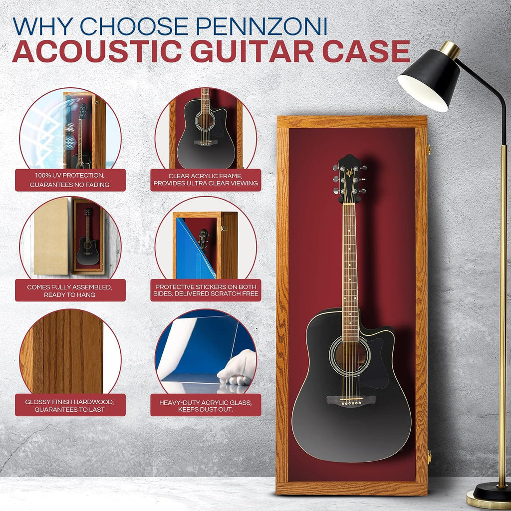 PENNZONI Acoustic Guitar Display Case - Acrylic Acoustic Guitar Case - Guitar Display Case Wall Mount, Guitar Wall Case Made from Hardwood Frame & Clear Acrylic | Natrual Oak