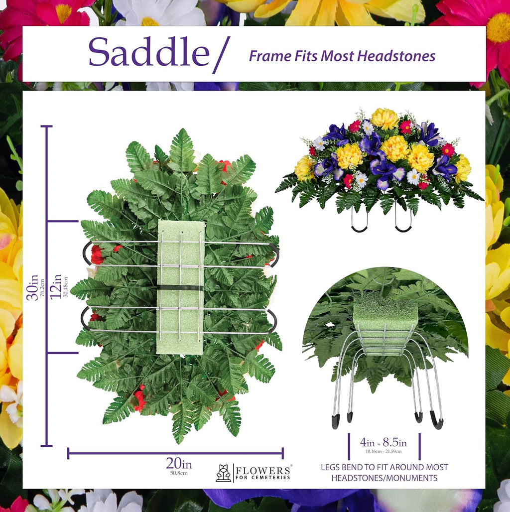 Sympathy Silks Artificial Cemetery Flowers - Grave Flower Holder - Purple Iris, Yellow Mum, Pink Daisy - (1) Headstone Flower Saddle & (2) Matching Bouquets