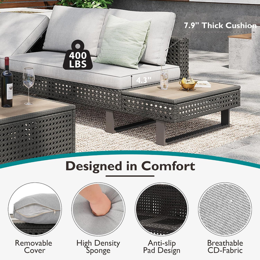 Boho Patio Furniture Set with Small Outdoor Table, Patio Bar Set w/ Sillas para Balcon, Sillas para Patio Exterior, Adjustable Backrest, Ice Bucket Table, All-Weather Wicker (Grey+Brown+Yellow)