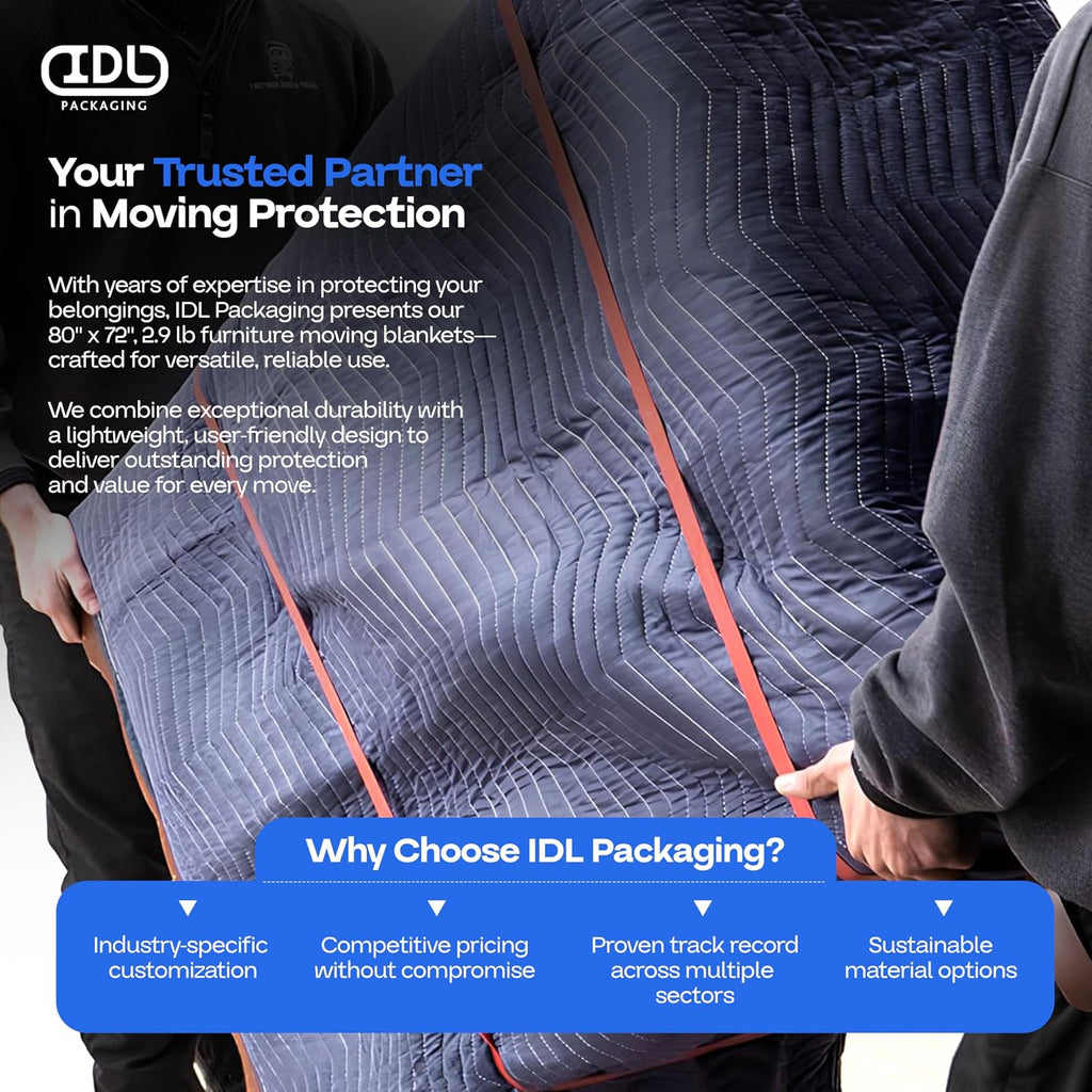 Large Moving Blanket 80' x 72', Blue/Black Color (Pack of 6) - Heavy-Duty Furniture Pad for Moving & Wrapping - Thick Packing Blanket for Furniture Protection - Padded Mover Cover by IDL Packaging