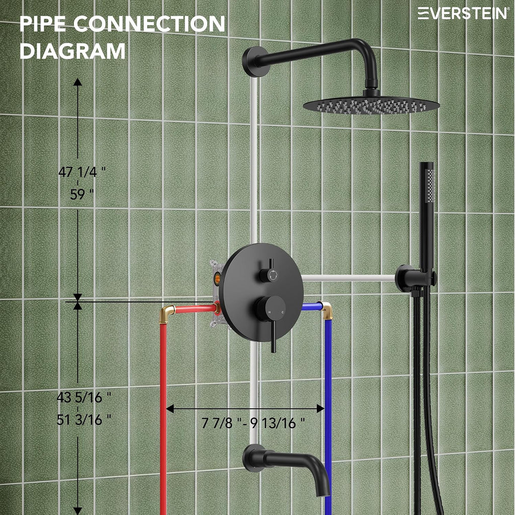 10' High-Pressure Rainfall Shower System with Handheld Spray, Wall Mount Bathroom Shower Faucet Set with Tub Spout (Matte Black)