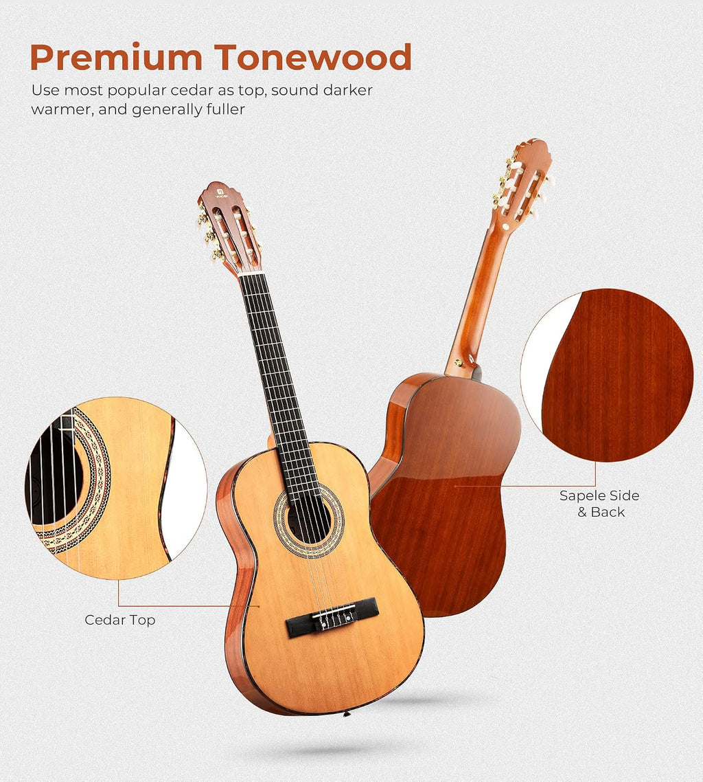 Classical Guitar Full Size 4/4 Spanish Style Classical Guitarra, 39 Inch Nylon Strings Guitar Ideal for Beginner Adults, Cedar Top, by Vangoa