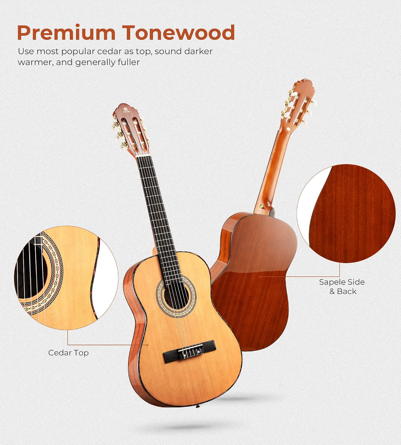 Classical Guitar Full Size 4/4 Spanish Style Classical Guitarra, 39 Inch Nylon Strings Guitar Ideal for Beginner Adults, Cedar Top, by Vangoa