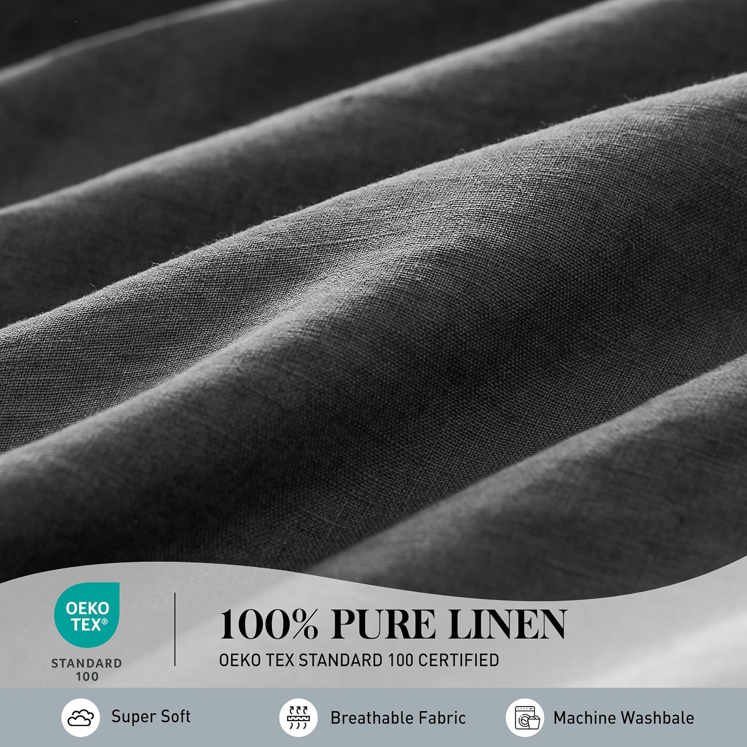 Simple&Opulence 100% Pure Linen Sheet Set Queen Size, Natural French Flax Solid Color 4 Pcs Washed Breathable, Farmhouse Bedding (1 Flat Sheet,1 Fitted Sheet,2 Pillowcases)-Embroidery Dark Grey