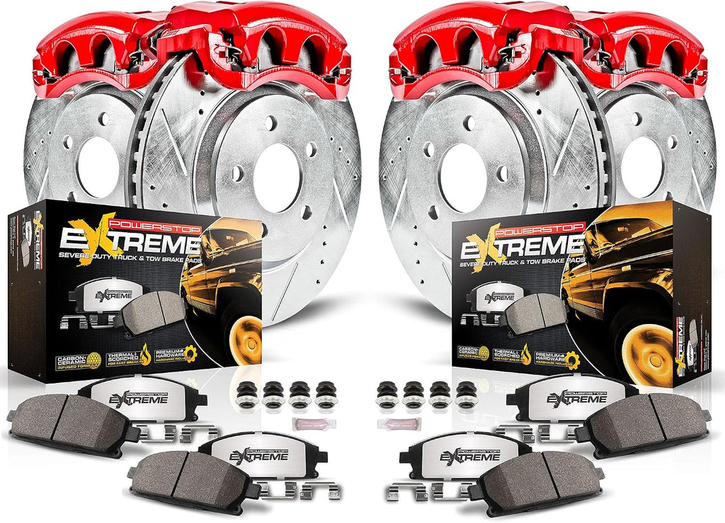 PowerStop Front and Rear Brake & Caliper Kit for Cadillac Escalade 2015-20 |Escalade ESV 2015-20 - Drilled & Slotted Disc Rotors + Z36 Brake Pads + Red-Powder Coated Calipers, KC6560-36