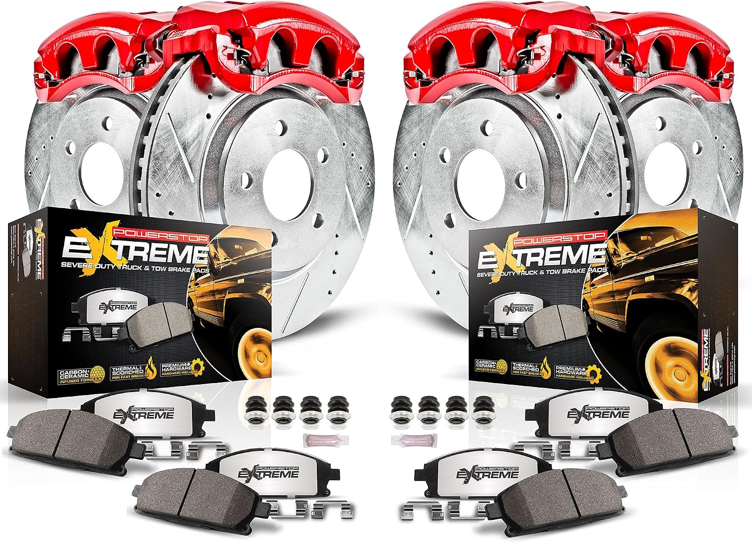 PowerStop Front and Rear Brake & Caliper Kit for Cadillac Escalade 2015-20 |Escalade ESV 2015-20 - Drilled & Slotted Disc Rotors + Z36 Brake Pads + Red-Powder Coated Calipers, KC6560-36