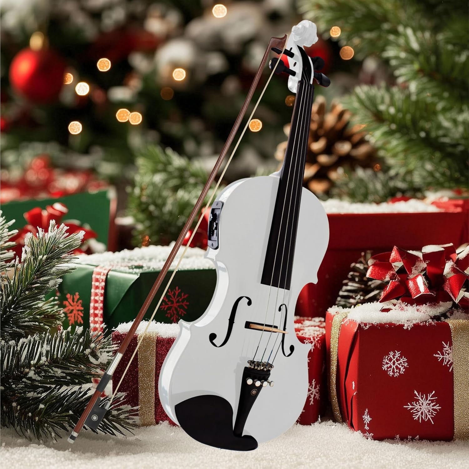 Cecilio 4/4 Full Size Acoustic & Electric Violin for Beginners & Professionals, Hand-Carved Solid Spruce Top, Ebony Fine Tuners, Full Set with Case, Bow, Rosin & AUX Cable (Pearl White)