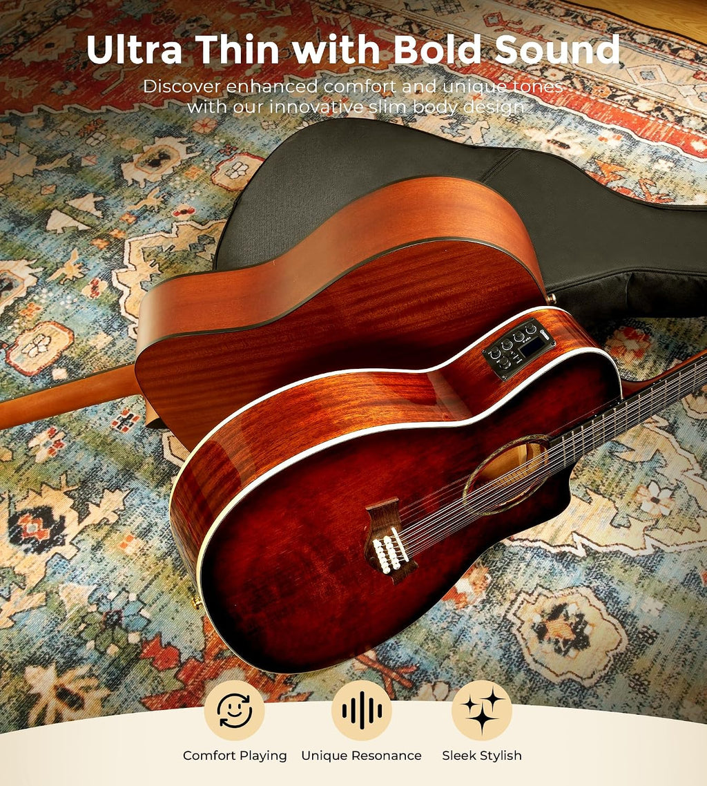 Vangoa 12 String Guitar Solid Wood, Twelve String Acoustic Electric Guitar Kit with Premium Spruce Top, Mahogany Body, Upgraded EQ, Bone Nut, Saddle, Classical Brown