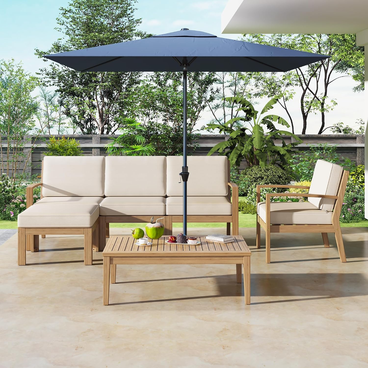 6-Piece Outdoor Patio Conversation Furniture Set, Acacia Wood Sectional Sofa Set with Coffee Table and Removable Cushion for Garden Backyard and Poolside (Beige-CC)