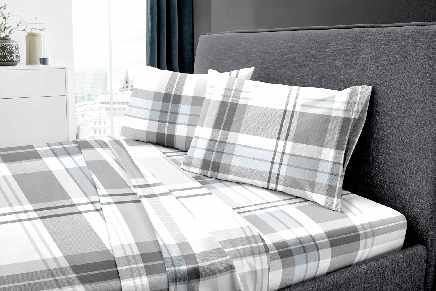 Dormisette Luxury German Flannel Sheets & Pillowcases Set, Warm Breathable Cotton Flannel Bedding with Deep Pockets, Brushed for Extra Softness, Oeko-Tex (Blue/Gray Plaid, King)