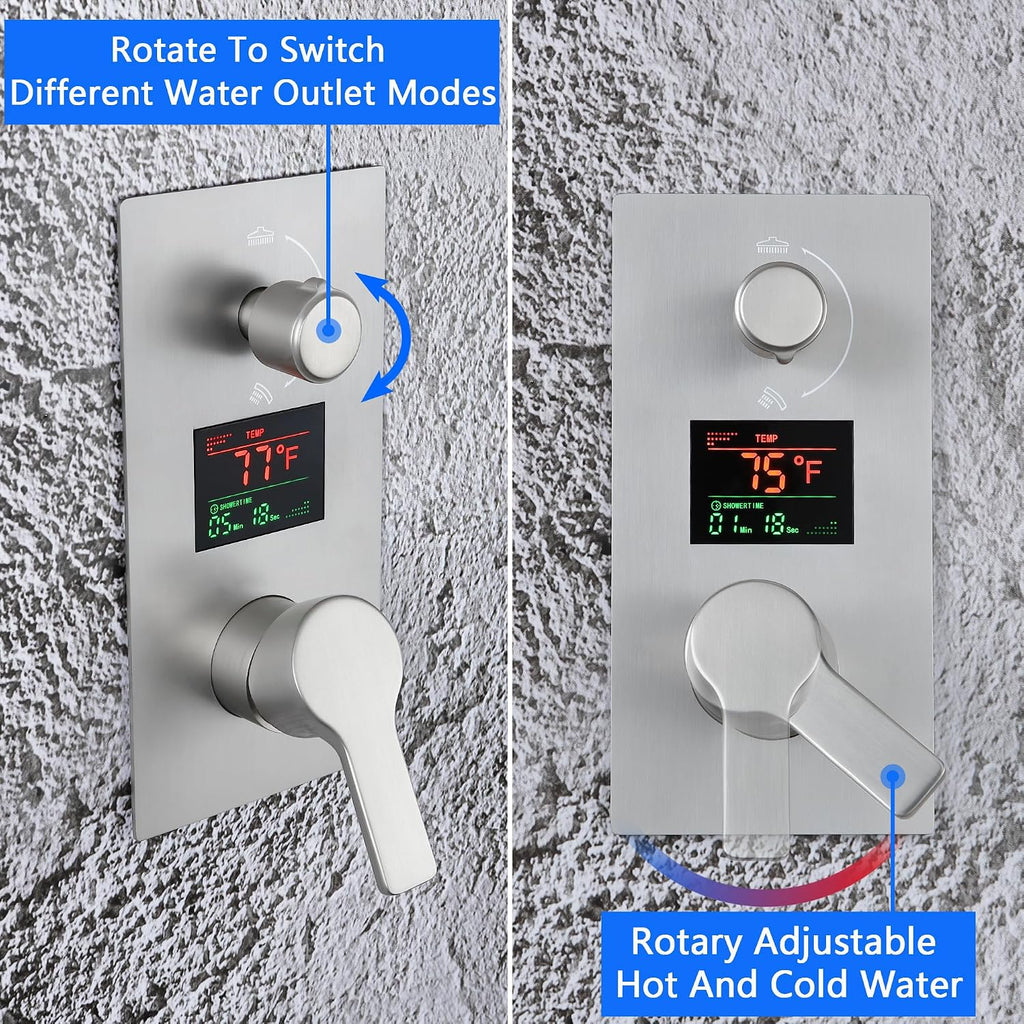 SKWOLL Shower Faucet Sets with Hydro Power Temperature Display, Brushed Nickel 12 Inch Shower Head Combo Kit, 2 Function Wall Mounted Shower Fixtures with Digital Shower Valve