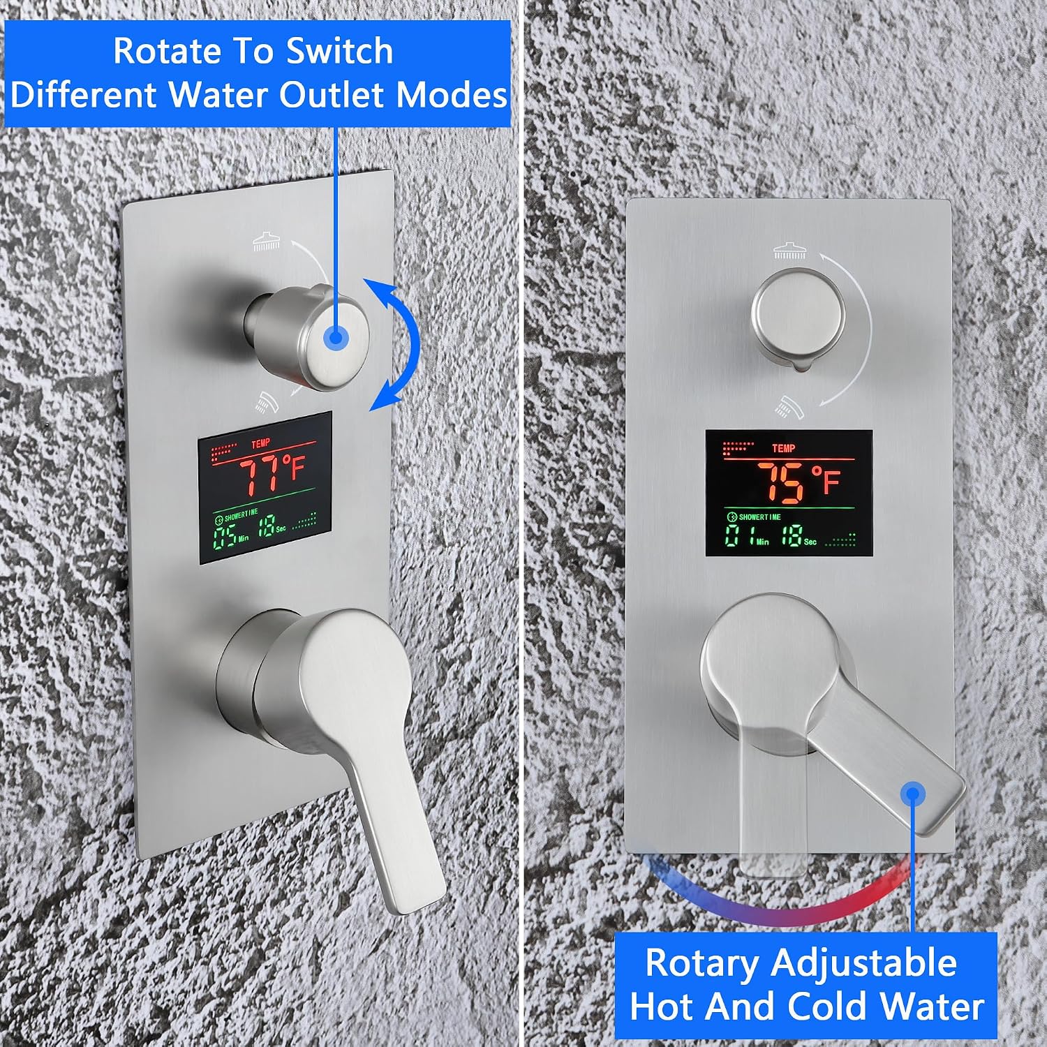 SKWOLL Shower Faucet Sets with Hydro Power Temperature Display, Brushed Nickel 12 Inch Shower Head Combo Kit, 2 Function Wall Mounted Shower Fixtures with Digital Shower Valve