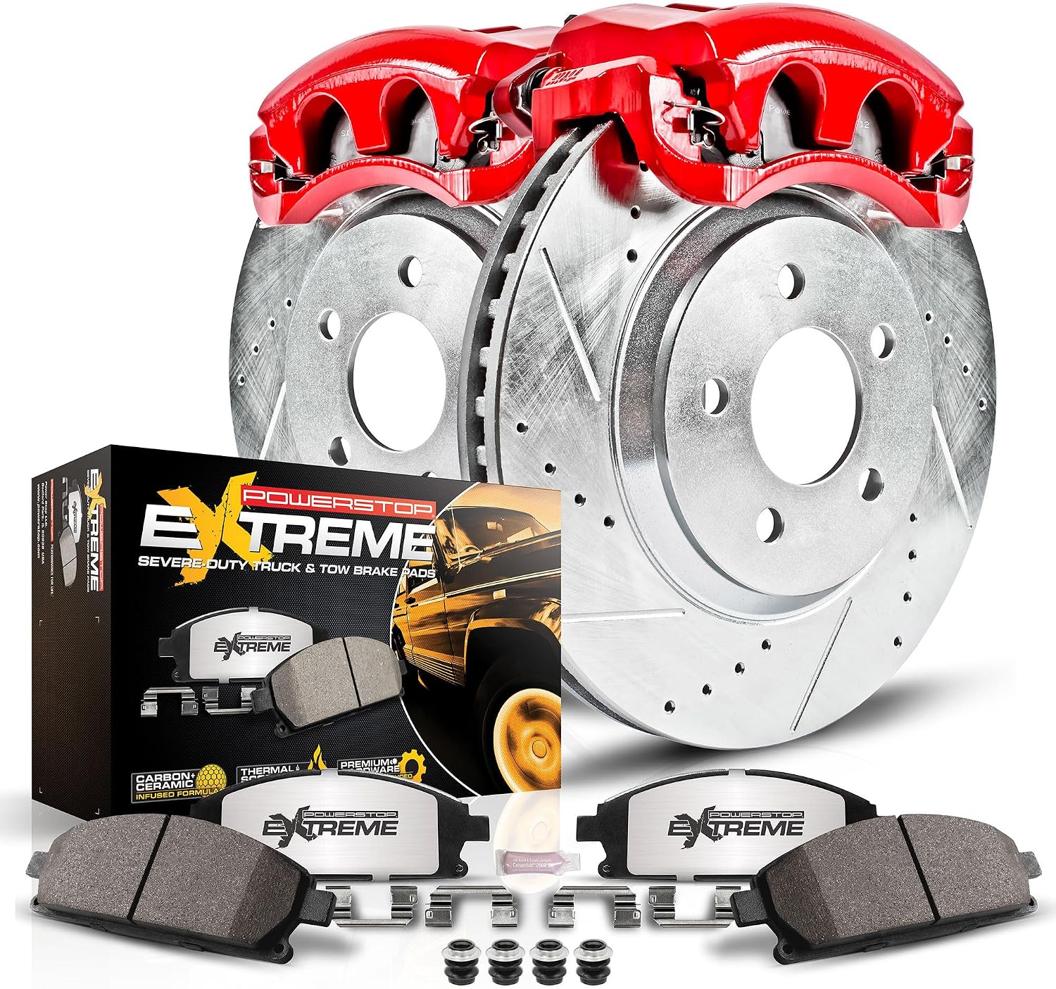 PowerStop Front Brake & Caliper Kit for Ford F-150 1999-03 | Ford F-150 Heritage 2004 - Drilled & Slotted Disc Rotors + Z36 Brake Pads + Red-Powder Coated Calipers, KC1866A-36