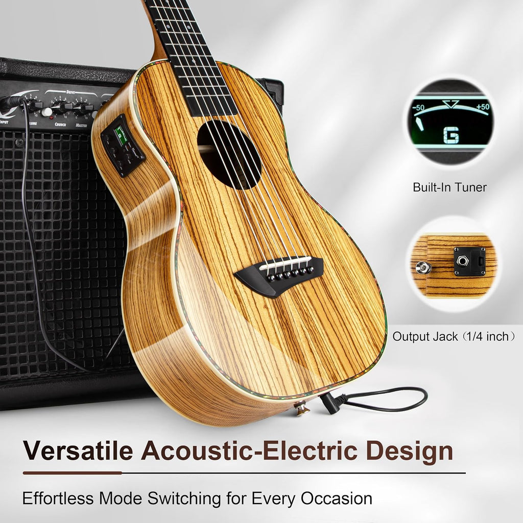 Caramel 6 String CB103G 30 Inch High Gloss Zebra Wood Acoustic & Electric Ukulele Guitalele with Truss Rod with Padded Gig Bag, Strap