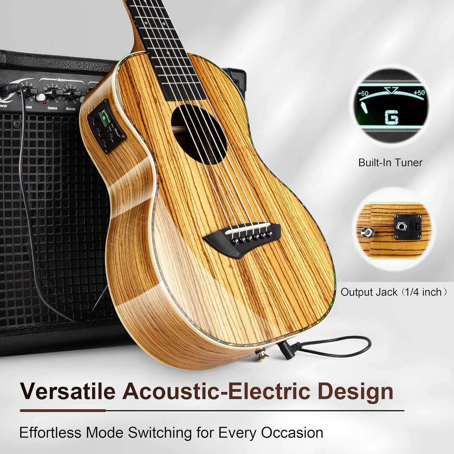 Caramel 6 String CB103G 30 Inch High Gloss Zebra Wood Acoustic & Electric Ukulele Guitalele with Truss Rod with Padded Gig Bag, Strap