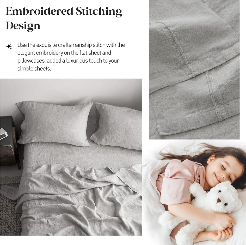 Simple&Opulence 100% Pure Linen Sheet Set Queen Size, Natural French Flax Solid Color 4 Pcs Washed Breathable, Farmhouse Bedding (1 Flat Sheet,1 Fitted Sheet,2 Pillowcases)-Embroidery Grey