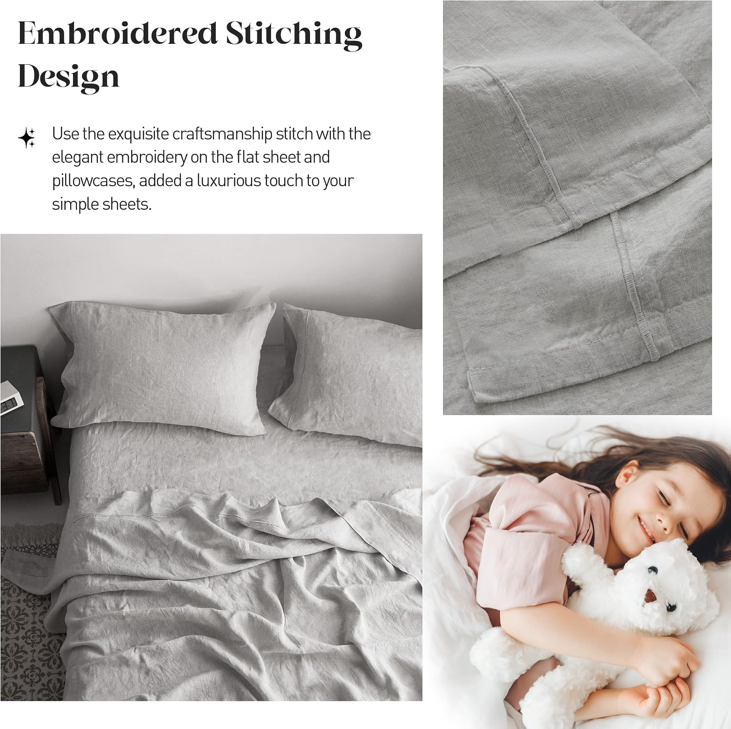 Simple&Opulence 100% Pure Linen Sheet Set Queen Size, Natural French Flax Solid Color 4 Pcs Washed Breathable, Farmhouse Bedding (1 Flat Sheet,1 Fitted Sheet,2 Pillowcases)-Embroidery Grey