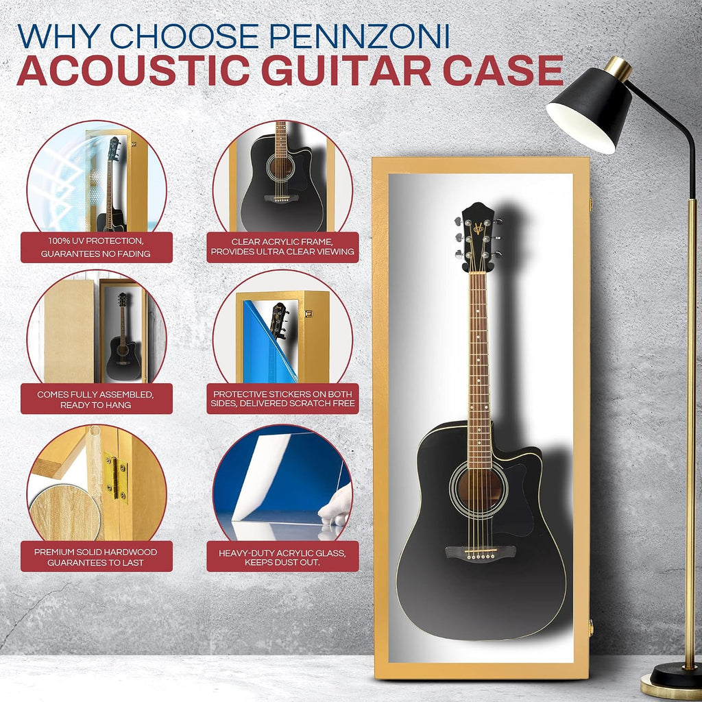 PENNZONI Acoustic Guitar Display Case - Acrylic Acoustic Guitar Case - Guitar Display Case Wall Mount Made from Hardwood Frame & Clear Acrylic - Golden Oak w/Felt White
