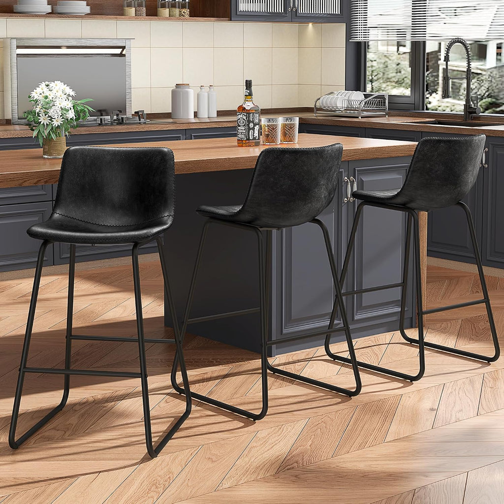 REONEY Bar Stools Set of 4, Faux Leather Counter Height Stools, 26' Modern Barstools with Metal Legs and Footrest, Urban Armless Counter Chairs with Back for Kitchen Island (Black)