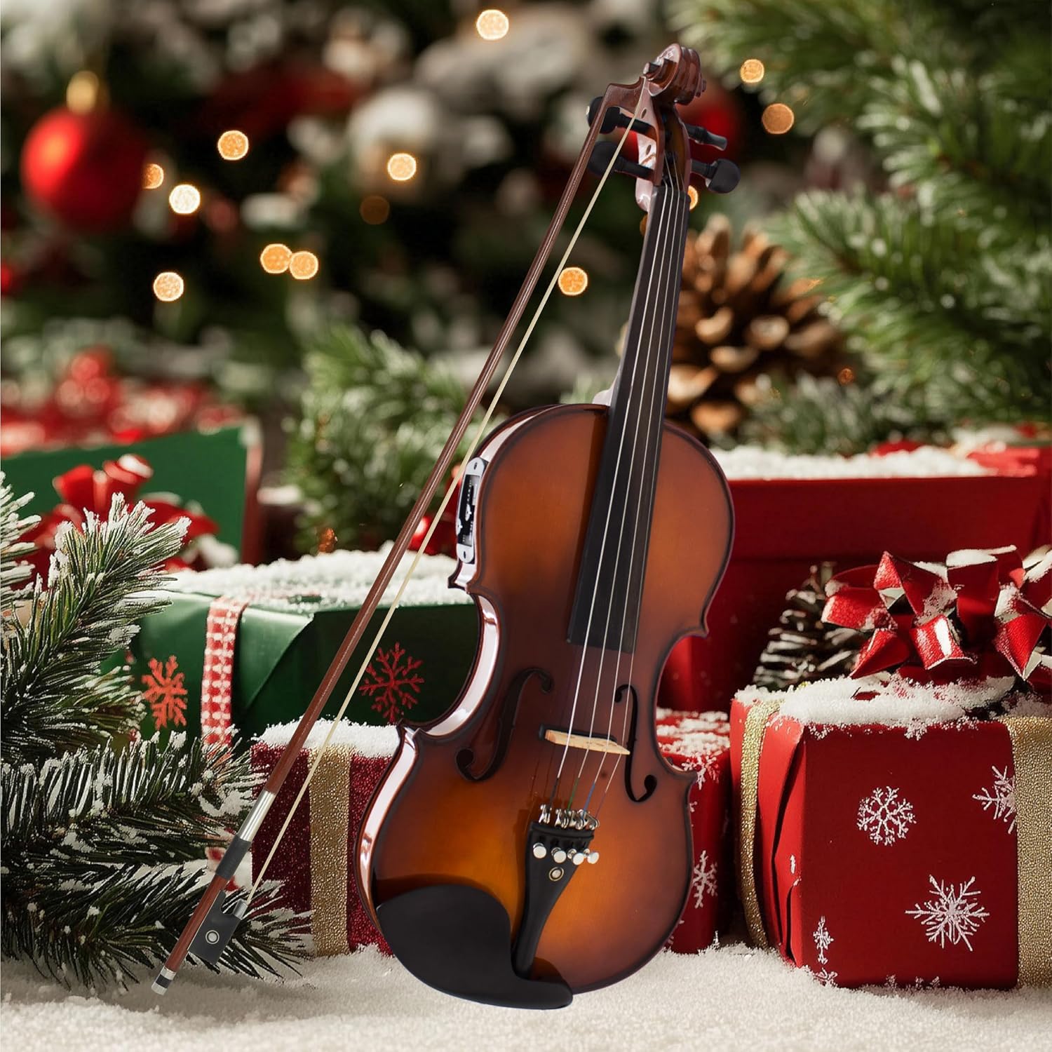 Cecilio 4/4 Full Size Acoustic & Electric Violin for Beginners & Professionals, Hand-Carved Solid Spruce Top, Ebony Fine Tuners, Full Set with Case, Bow, Rosin & AUX Cable (Metallic Black)
