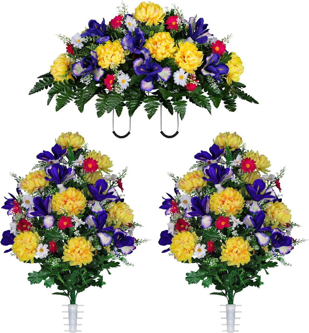 Sympathy Silks Artificial Cemetery Flowers - Grave Flower Holder - Purple Iris, Yellow Mum, Pink Daisy - (1) Headstone Flower Saddle & (2) Matching Bouquets