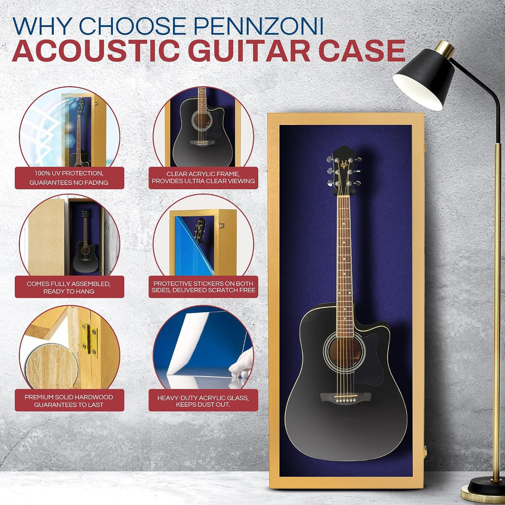 PENNZONI Acoustic Guitar Display Case - Acrylic Acoustic Guitar Case - Guitar Display Case Wall Mount Made from Hardwood Frame & Clear Acrylic - Golden Oak w/Felt Blue