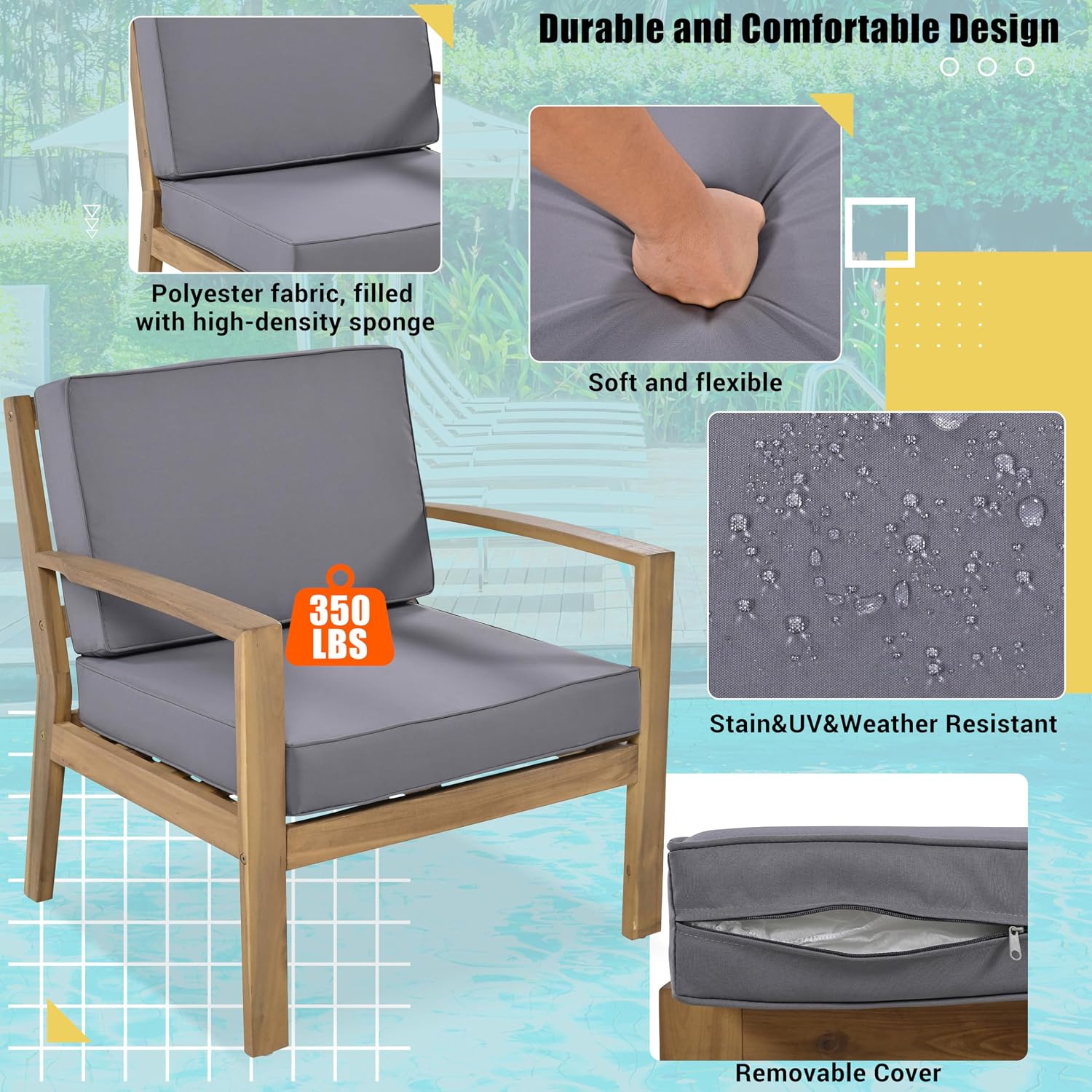 6-Piece Outdoor Patio Conversation Furniture Set, Acacia Wood Sectional Sofa Set with Coffee Table and Removable Cushion for Garden Backyard and Poolside (Grey-CC)