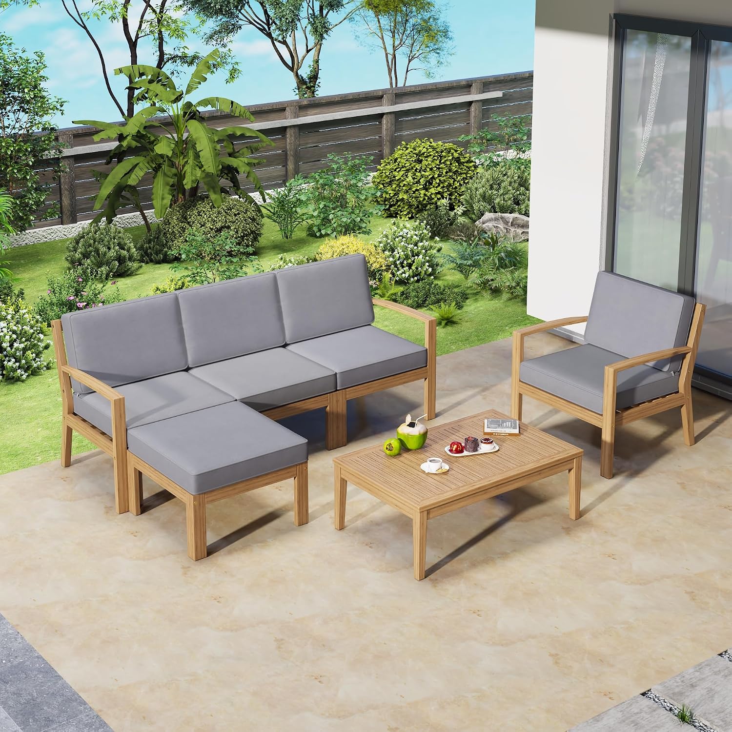 6-Piece Outdoor Patio Conversation Furniture Set, Acacia Wood Sectional Sofa Set with Coffee Table and Removable Cushion for Garden Backyard and Poolside (Grey-CC)