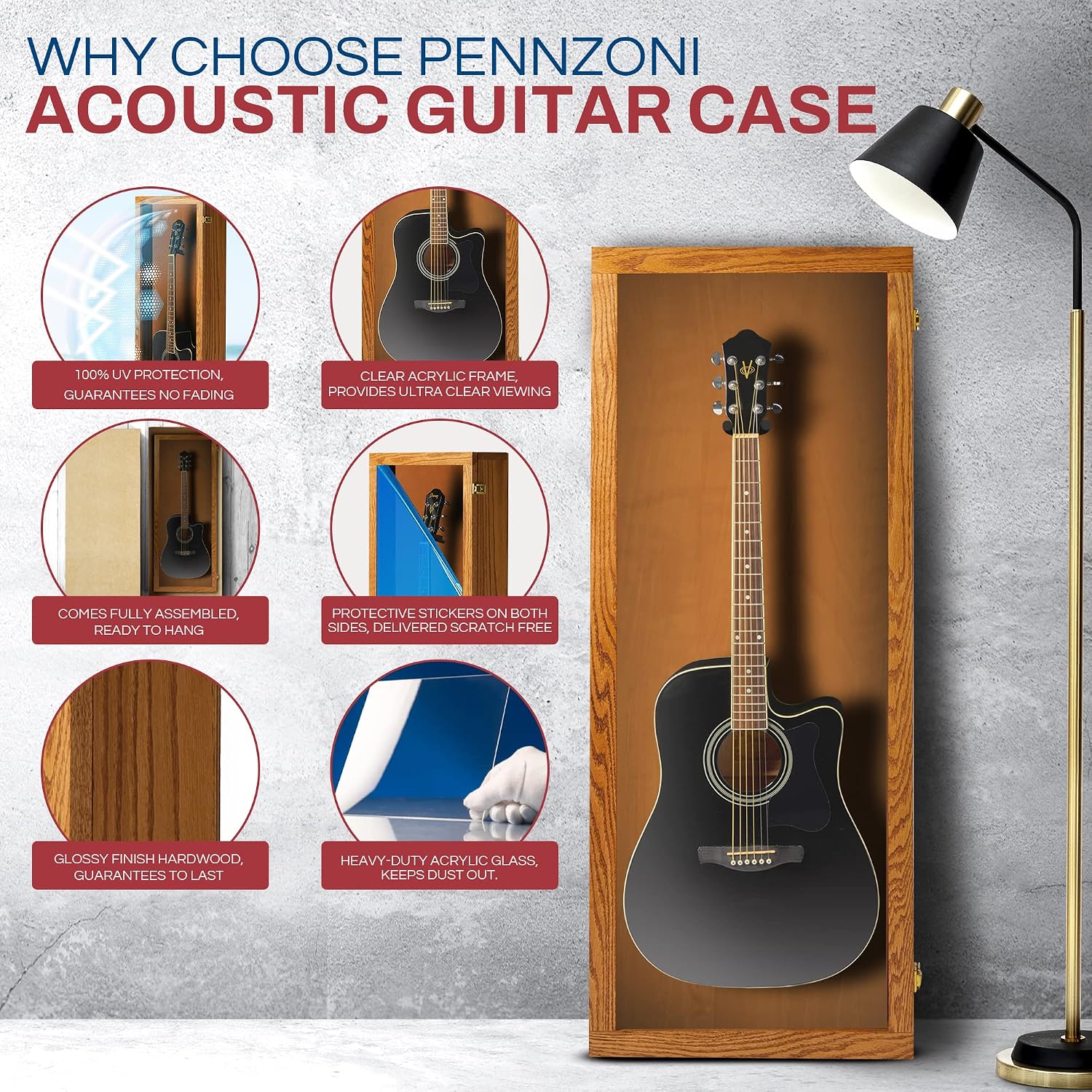 PENNZONI Acoustic Guitar Display Case - Acrylic Acoustic Guitar Case - Guitar Display Case Wall Mount, Guitar Wall Case Made from Hardwood Frame & Clear Acrylic | Natrual Oak