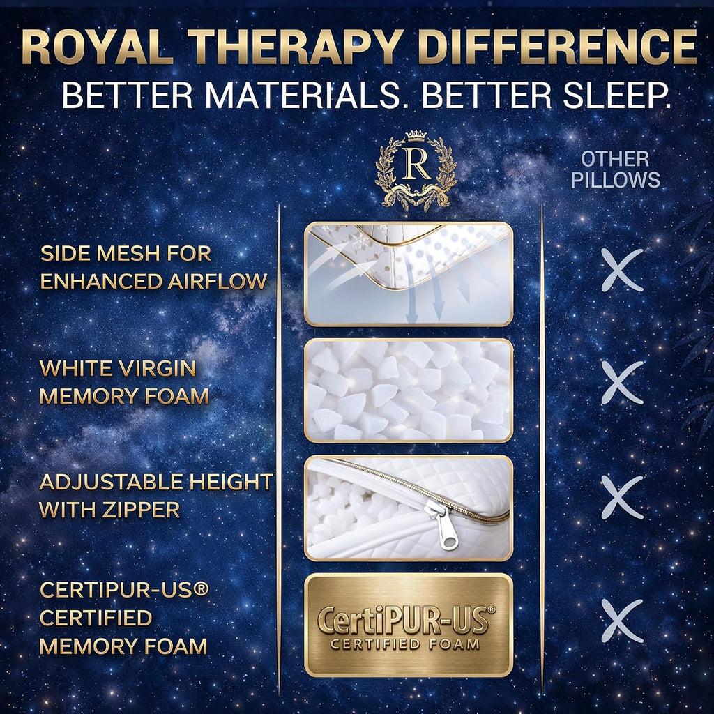 Royal Therapy 2-Pack Queen Memory Foam Pillow, Adjustable Shredded Odor-Free Bed Pillow for Neck & Shoulder Pain Relief, Breathable Support for Back, Stomach, Side Sleepers, AirFlowPRO