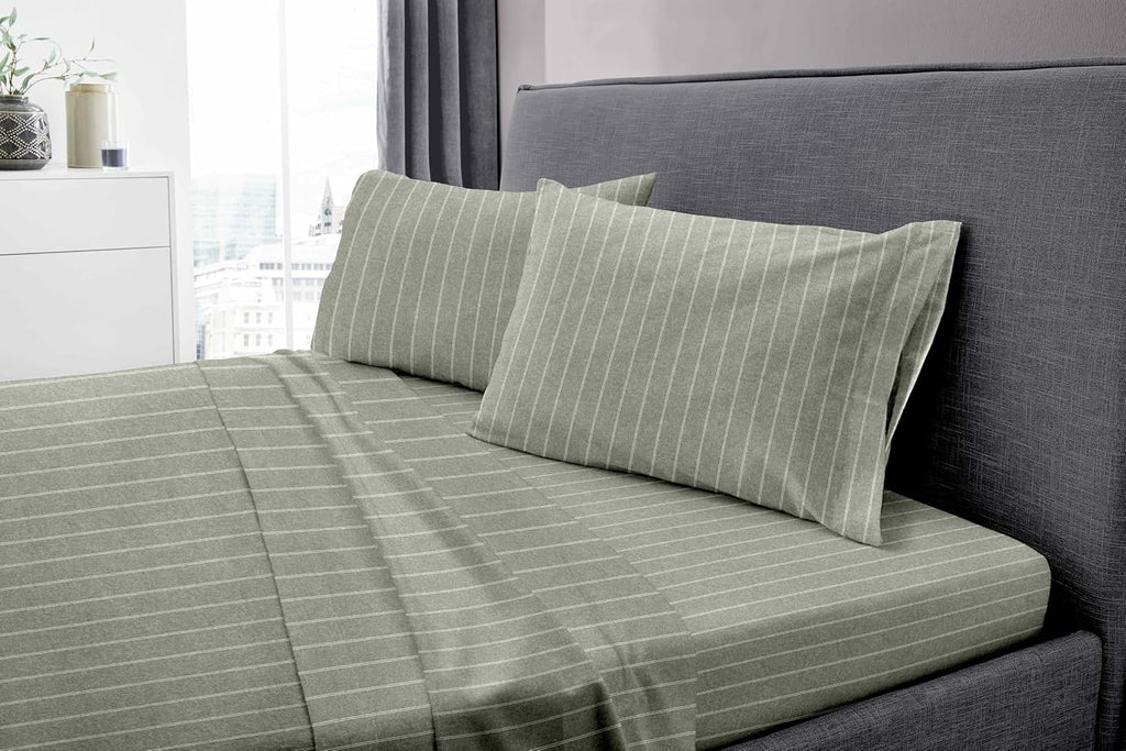 Dormisette Luxury German Flannel Sheets & Pillowcases Set, Warm Breathable Cotton Flannel Bedding with Deep Pockets, Brushed for Extra Softness, Oeko-Tex (Agave Green Stripe, Full)