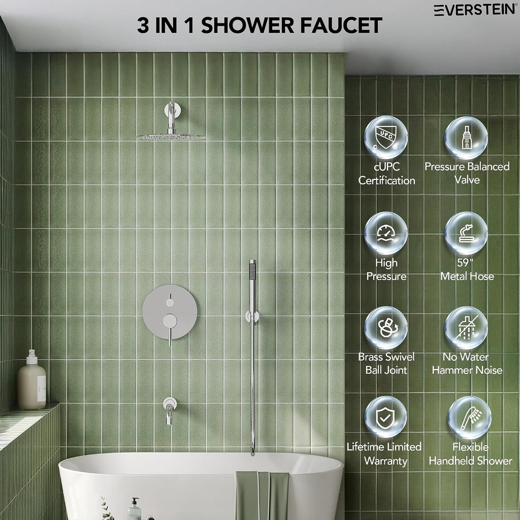 10' High-Pressure Rainfall Shower System with Handheld Spray, Wall Mount Bathroom Shower Faucet Set with Tub Spout (Chrome)