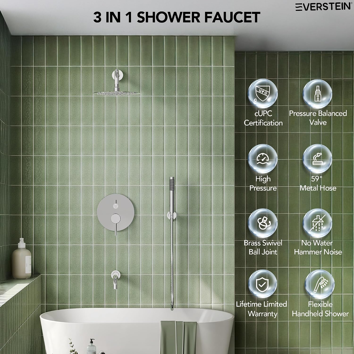 10' High-Pressure Rainfall Shower System with Handheld Spray, Wall Mount Bathroom Shower Faucet Set with Tub Spout (Chrome)