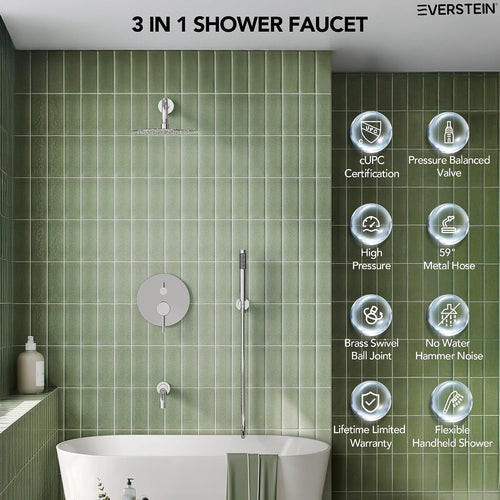 10' High-Pressure Rainfall Shower System with Handheld Spray, Wall Mount Bathroom Shower Faucet Set with Tub Spout (Chrome)