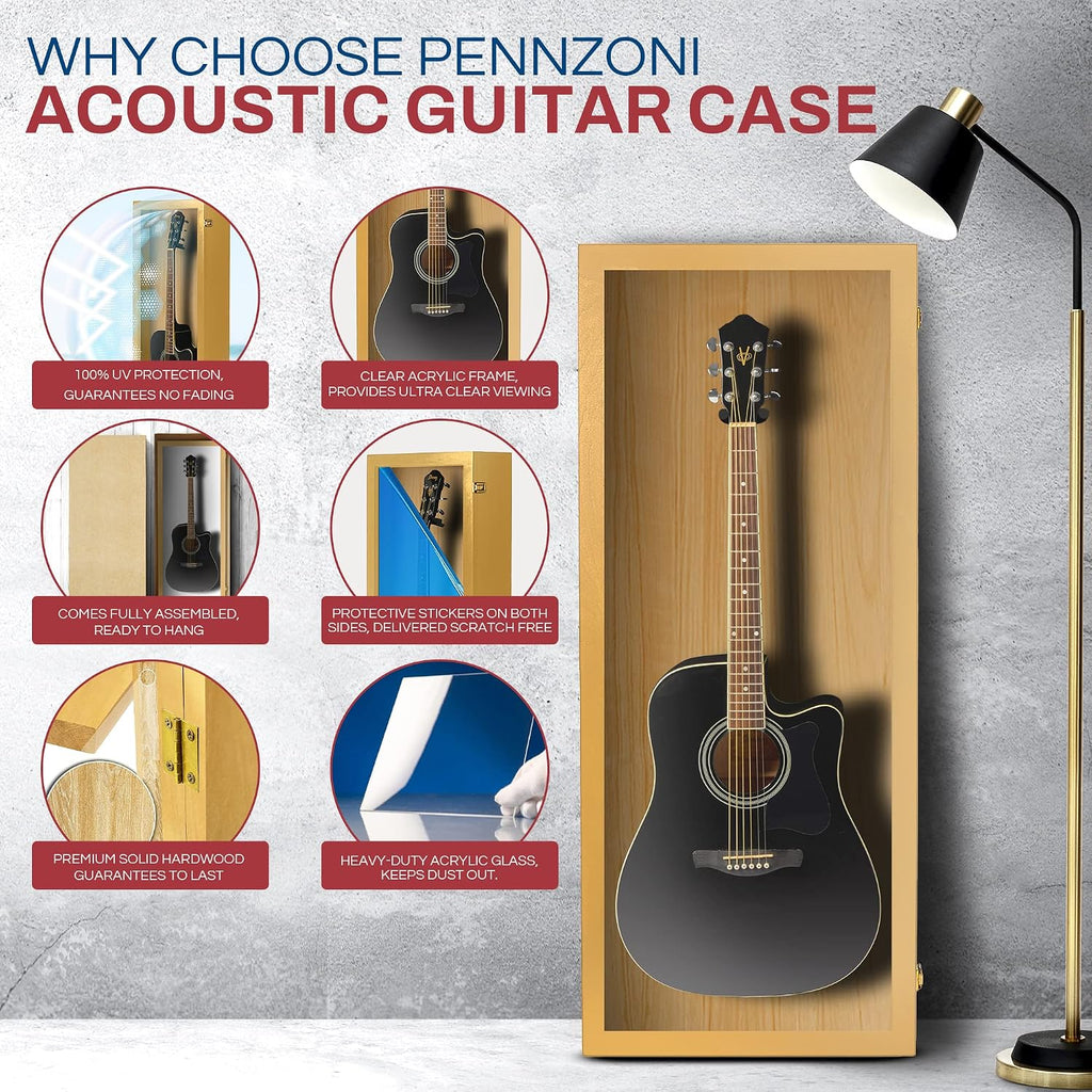 PENNZONI Acoustic Guitar Display Case - Acrylic Acoustic Guitar Case - Guitar Display Case Wall Mount Made from Hardwood Frame & Clear Acrylic - Golden Oak w/No Felt