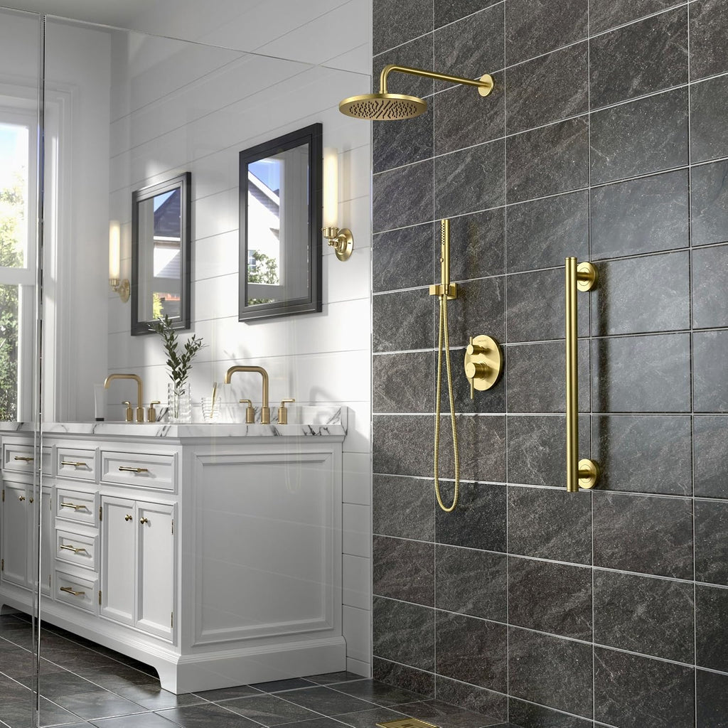 Lava Odoro Modern 2-Setting Round Rain Shower System, Gold Rainfall Shower Faucet Set Rain Shower Head and Handle Set, Shower Valve Trim Kit, 10 Inch, Brushed Gold, SF104-SG