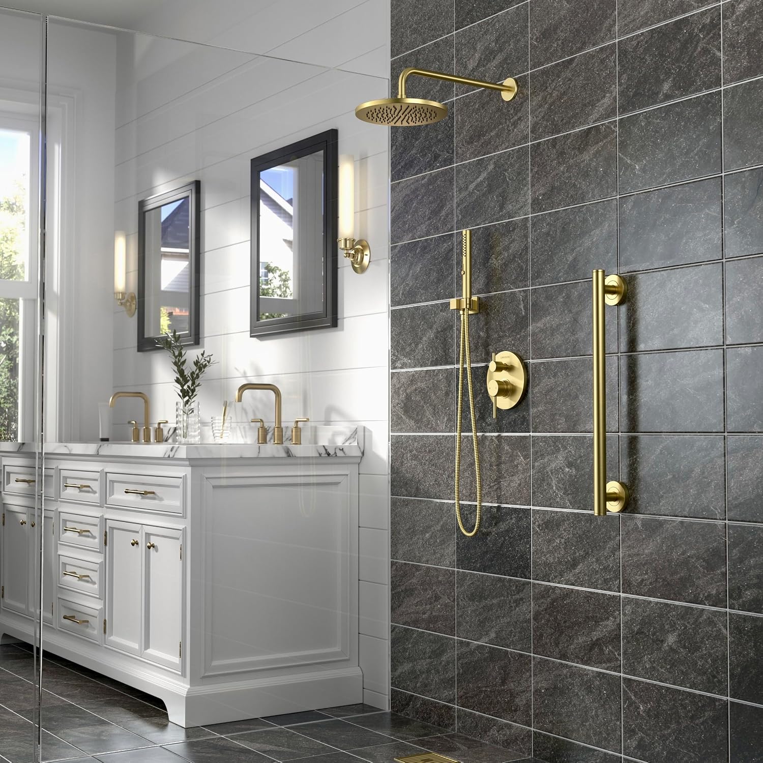 Lava Odoro Modern 2-Setting Round Rain Shower System, Gold Rainfall Shower Faucet Set Rain Shower Head and Handle Set, Shower Valve Trim Kit, 10 Inch, Brushed Gold, SF104-SG