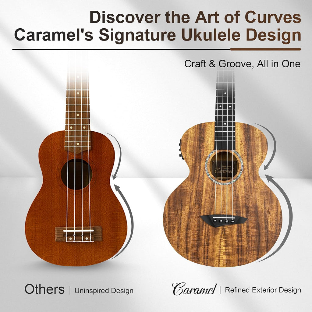 Caramel CB207 Acacia Baritone Acoustic Electric Ukulele with Truss Rod with Additional Strings, Padded Gig Bag, Strap and EQ cable
