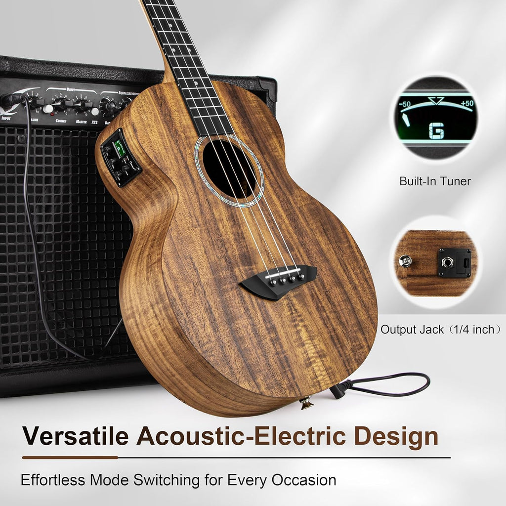 Caramel CB207 Acacia Baritone Acoustic Electric Ukulele with Truss Rod with Additional Strings, Padded Gig Bag, Strap and EQ cable