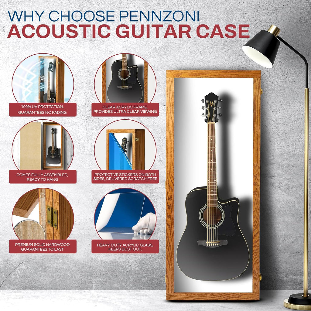 PENNZONI Acoustic Guitar Display Case - Acrylic Acoustic Guitar Case - Guitar Display Case Wall Mount, Guitar Wall Case Made from Hardwood Frame & Clear Acrylic | Natrual Oak